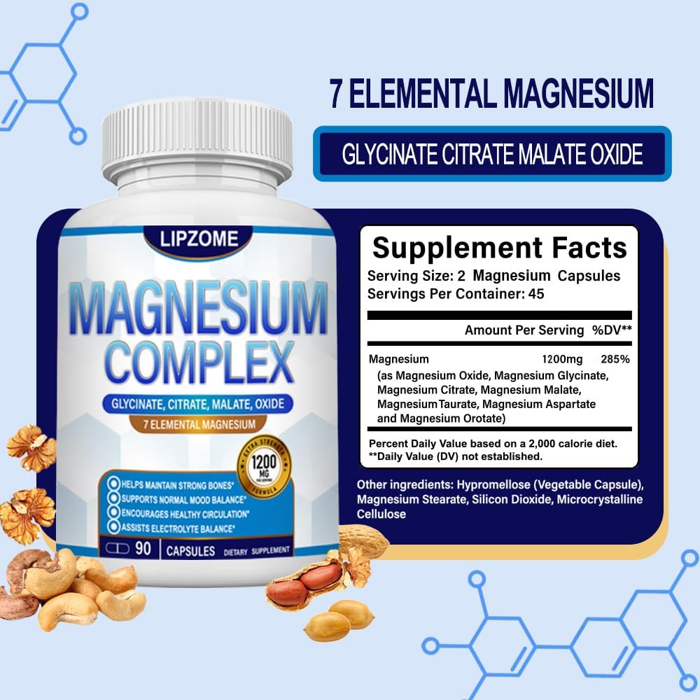Unlock Your Potential with Our 1200mg Magnesium Complex Supplement – Advanced 7-in-1 Blend for Optimal Muscle, Nerve Support, and Energy Boost – Non-GMO, 90 Capsules for Lasting Wellness