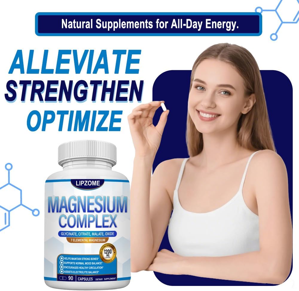 Unlock Your Potential with Our 1200mg Magnesium Complex Supplement – Advanced 7-in-1 Blend for Optimal Muscle, Nerve Support, and Energy Boost – Non-GMO, 90 Capsules for Lasting Wellness