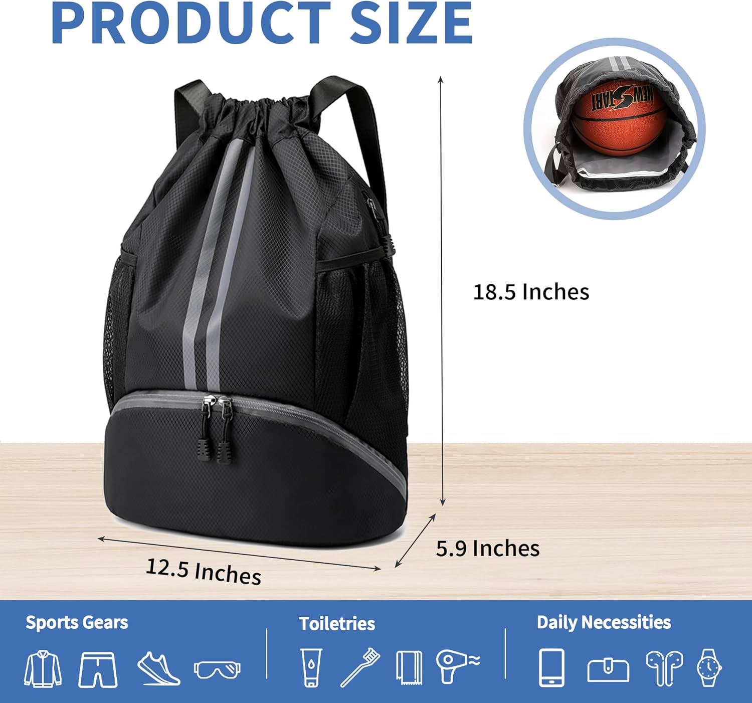 Drawstring Backpack Gym Bag with Shoes Compartment for Soccer, Basketball, Swim, Water-Resistant String Backpack Beach Cinch for Women Men
