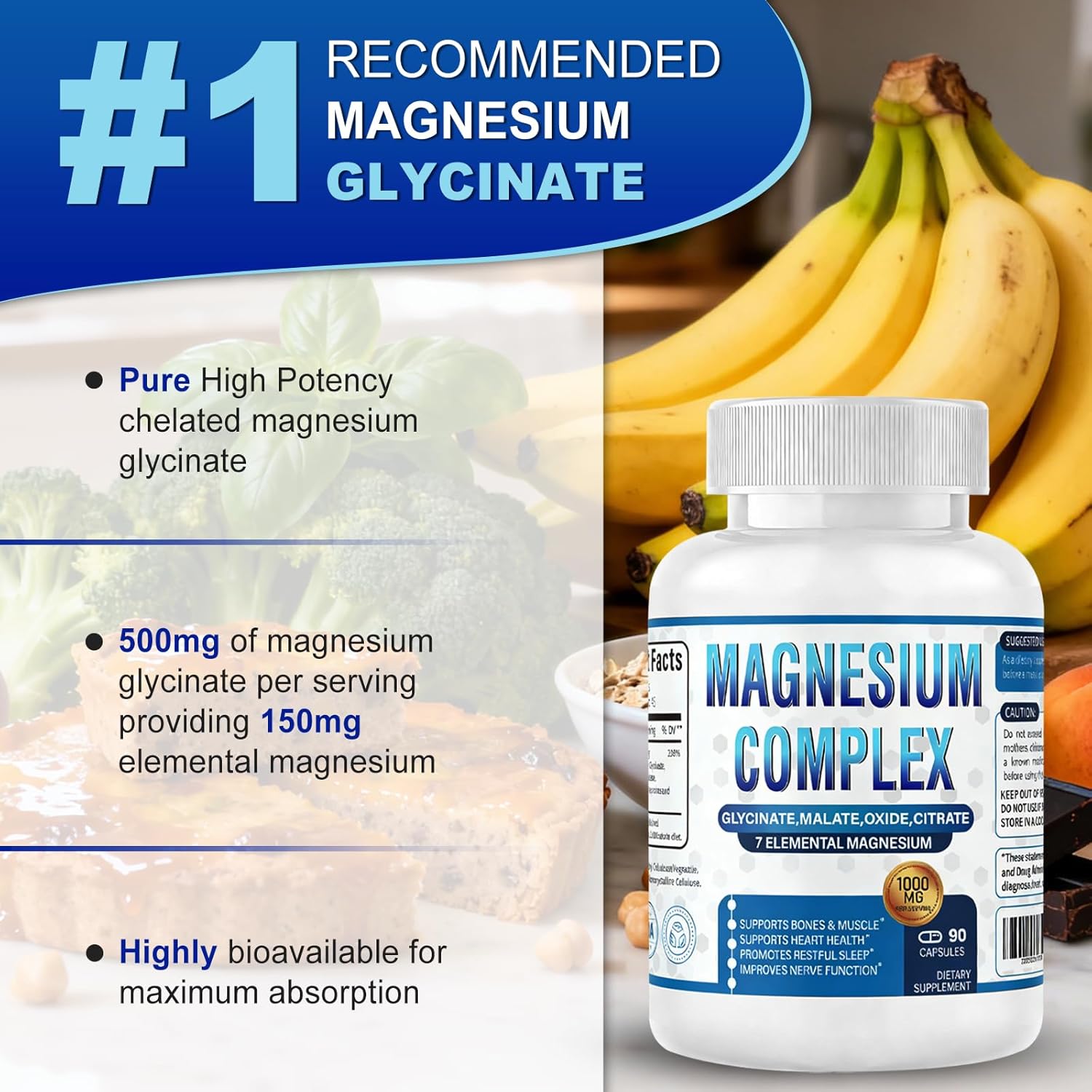 Unlock Your Health Potential with Our Magnesium Complex Supplement - 1000mg of 8 Essential Elements for Enhanced Energy, Muscle Recovery, and Immune Support - 90 Vegan Non-GMO Capsules