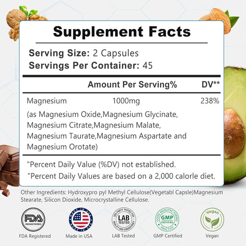 Unlock Your Health Potential with Our Magnesium Complex Supplement - 1000mg of 8 Essential Elements for Enhanced Energy, Muscle Recovery, and Immune Support - 90 Vegan Non-GMO Capsules