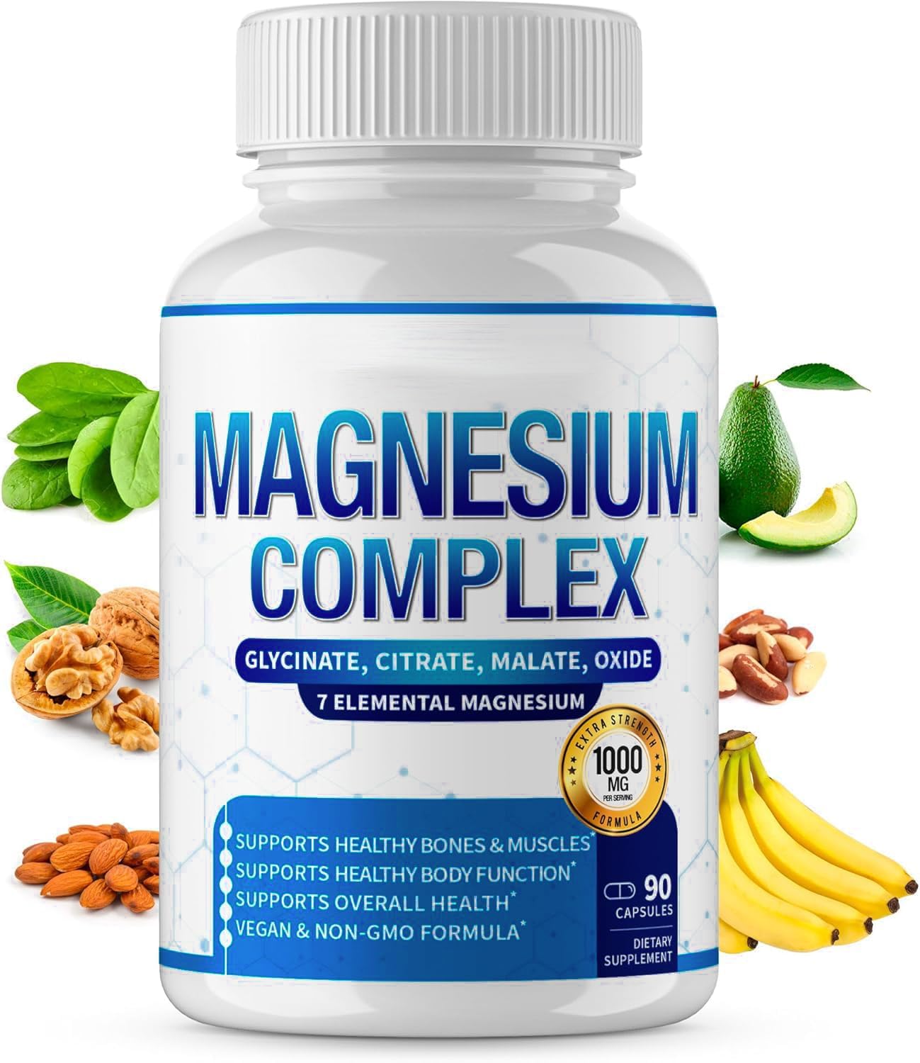 Unlock Your Health Potential with Our Magnesium Complex Supplement - 1000mg of 8 Essential Elements for Enhanced Energy, Muscle Recovery, and Immune Support - 90 Vegan Non-GMO Capsules