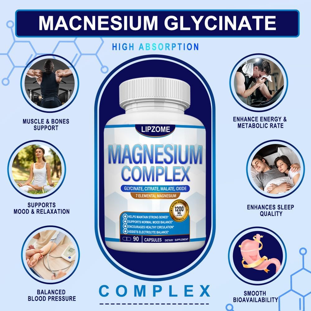 Unlock Your Potential with Our 1200mg Magnesium Complex Supplement – Advanced 7-in-1 Blend for Optimal Muscle, Nerve Support, and Energy Boost – Non-GMO, 90 Capsules for Lasting Wellness