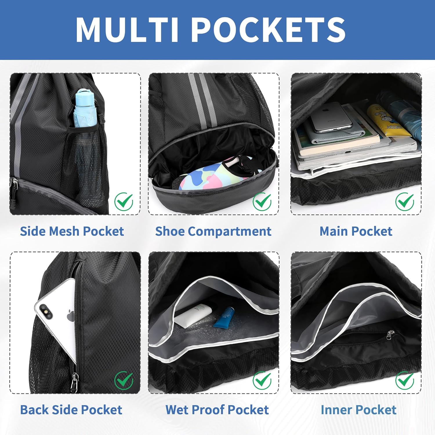 Drawstring Backpack Gym Bag with Shoes Compartment for Soccer, Basketball, Swim, Water-Resistant String Backpack Beach Cinch for Women Men