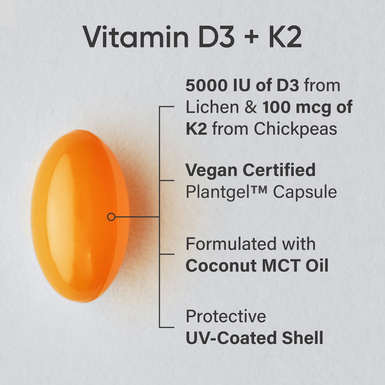 Elevate Your Health with Vegan Vitamin D3 & K2 - 5000 IU D3 + K2 MK7 + Coconut Oil Softgels - 30 Count