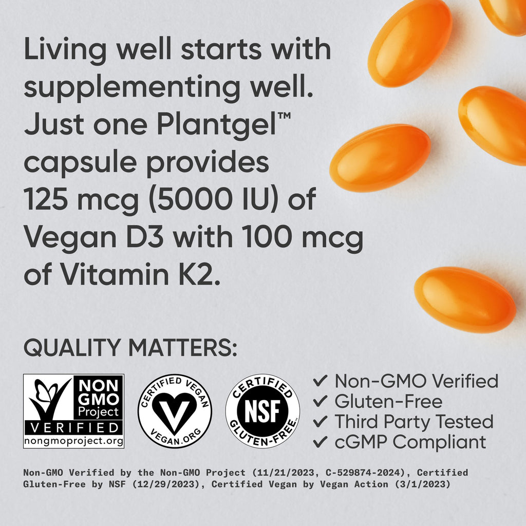 Elevate Your Health with Vegan Vitamin D3 & K2 - 5000 IU D3 + K2 MK7 + Coconut Oil Softgels - 30 Count