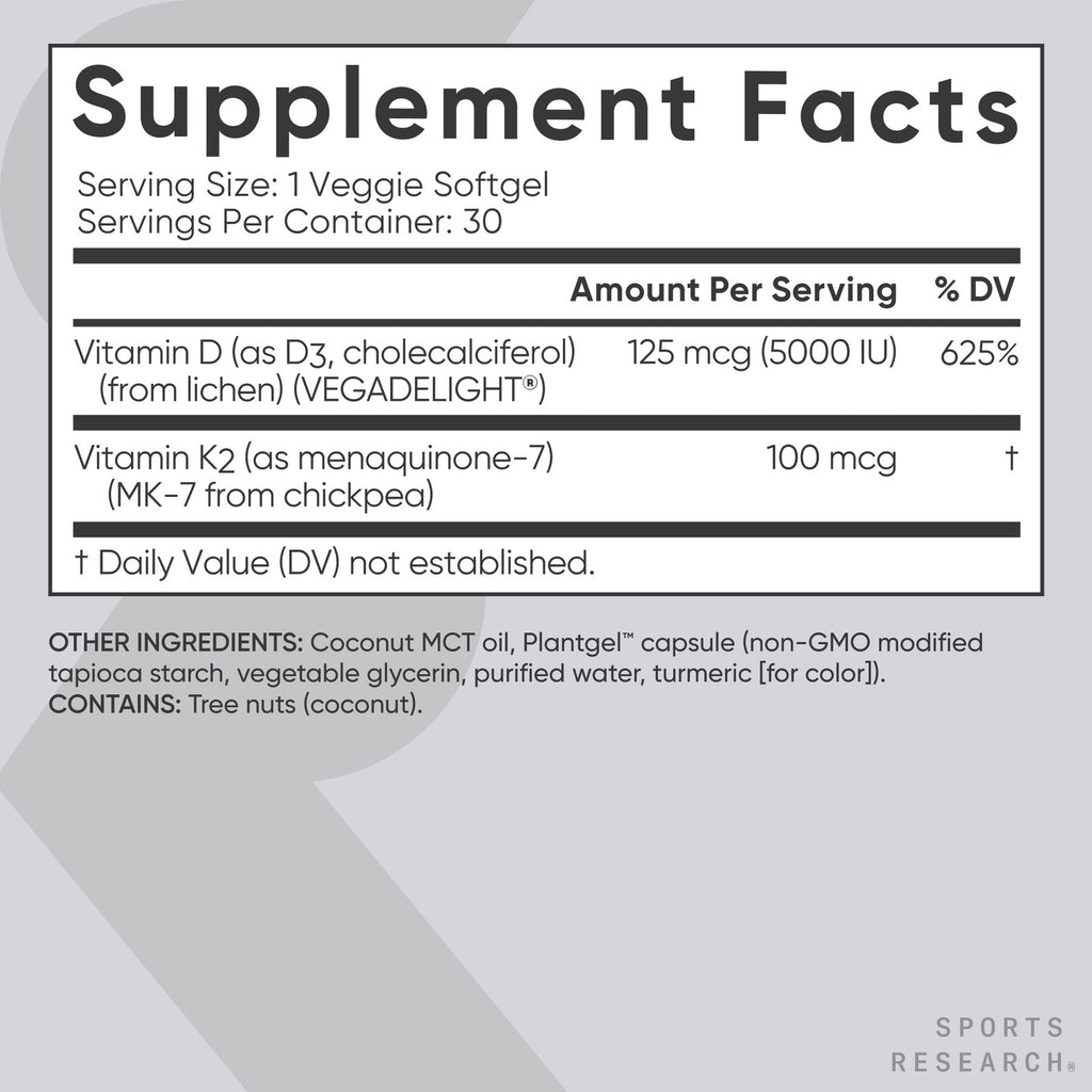 Elevate Your Health with Vegan Vitamin D3 & K2 - 5000 IU D3 + K2 MK7 + Coconut Oil Softgels - 30 Count